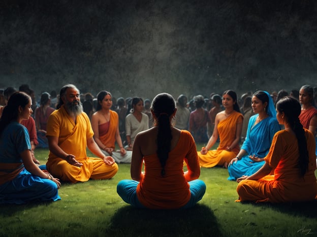 Auf dem Bild ist eine Gruppe von Menschen zu sehen, die in einer meditativen Pose auf einer grünen Wiese sitzen. Die Atmosphäre wirkt friedlich und spirituell, geprägt von der indischen Tradition. Die Teilnehmer tragen traditionelle indische Kleidung in leuchtenden Farben, was eine festliche und harmonische Stimmung unterstreicht. 

Diese Szene könnte eine gemeinsame Meditations- oder Yoga-Praxis darstellen, die in der indischen Spiritualität tief verwurzelt ist. Das Zelebrieren von Achtsamkeit und innerer Ruhe ist ein zentraler Aspekt sowohl des Yoga als auch der indischen Philosophie. Die Gesichter der Menschen strahlen Gelassenheit aus, was darauf hindeutet, dass sie in einen Zustand tiefer Konzentration und Verbundenheit mit sich selbst und dem Universum eingetreten sind. Es spiegelt das Ziel wider, durch Meditation und Yoga ein höheres Bewusstsein zu erreichen.