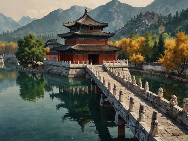 Auf dem Bild ist ein **traditionelles asiatisches Gebäude** zu sehen, das auf einem **malerischen Wasserlauf** steht. Umgeben von **Bergen** und **Bäumen** bietet die Szenerie eine **friedliche Atmosphäre**. 

**Highlights für die Reiseroute:**

1. **Besuch der traditionellen Architektur**: Erkunde das eindrucksvolle Gebäude und seine Geschichte.
2. **Spaziergang über die Brücke**: Genieße den Blick auf das Wasser und die umgebende Natur.
3. **Naturerkundung**: Erlebe die Landschaft und die Farben der Bäume, besonders im Herbst.
4. **Fotostopp**: Nutze die Gelegenheit für atemberaubende Fotos der Szenerie.