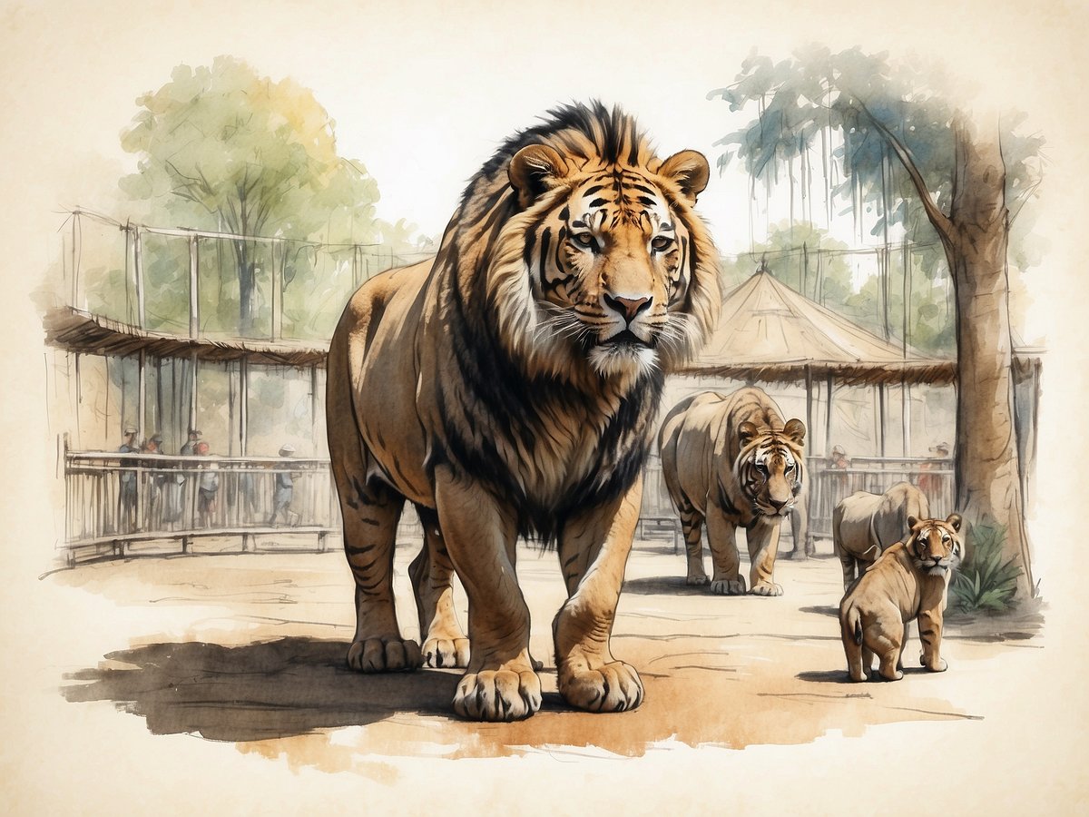 Ein majestätischer Tiger schreitet in den Vordergrund, während weitere Tiger im Hintergrund zu sehen sind. Die Tiere befinden sich in einer natürlichen Umgebung des Zoo Osnabrück, umgeben von Bäumen und einem Gehege. Besucher sind in der Ferne sichtbar, die das Tier beobachten. Die Szene vermittelt ein Gefühl von Freiheit und Wildheit.