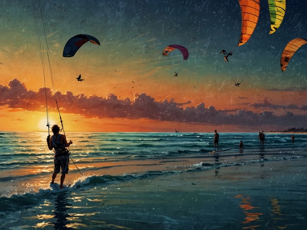 Auf dem Bild ist ein schöner Strand bei Sonnenuntergang zu sehen, der Aktivitäten wie Kitesurfen und Strandspaziergänge zeigt. Eine Person steht im Wasser und hält eine Kitesurfing-Leine, während ein farbiger Kite über ihr schwebt. Im Hintergrund genießen mehrere Menschen das Wasser, einige stehen auf Surfbrettern, während andere im flachen Wasser stehen. Die lebhaften Farben des Himmels und die sanften Wellen schaffen eine entspannte und einladende Atmosphäre, ideal für verschiedene Strandaktivitäten wie Schwimmen, Kitesurfen oder einfach nur entspannen und die Landschaft genießen.