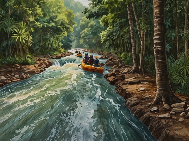 Auf dem Bild ist eine aufregende Raftingtour auf einem Fluss zu sehen. Mehrere Personen paddeln in einem orangefarbenen Schlauchboot durch die rauschenden Wasserströme. Die Umgebung ist von üppigem, grünem Regenwald geprägt, mit hohen Bäumen und tropischer Vegetation. Diese Szene vermittelt ein Gefühl von Abenteuer und Erkundung in der Natur, ideal für alle, die Outdoor-Aktivitäten und adrenalingeladene Erlebnisse lieben. Die Kombination aus aufregendem Wassersport und malerischer Landschaft schafft eine einladende Atmosphäre für Abenteuerlustige.