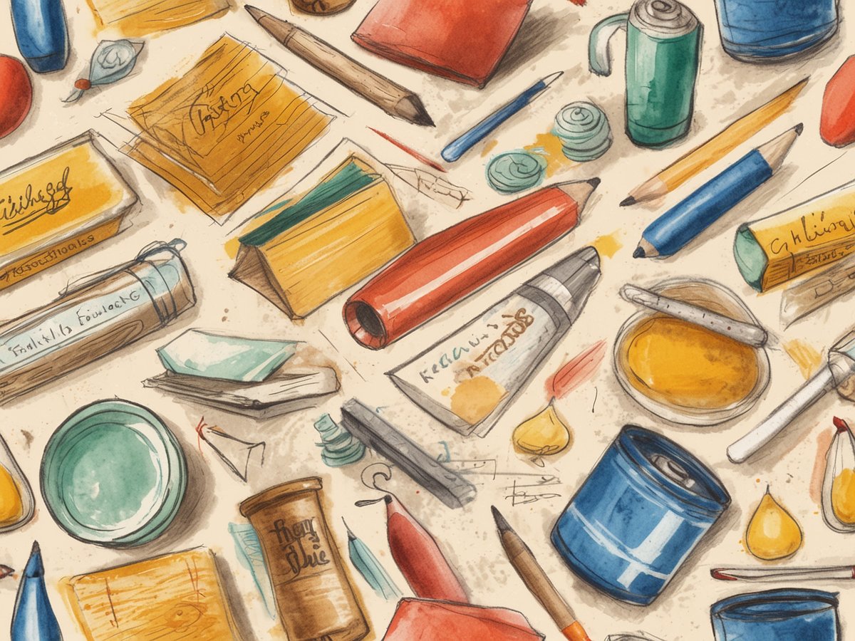 Das Bild zeigt eine Vielzahl von Schreib- und Bastelmaterialien, die chaotisch verteilt sind. Darunter befinden sich verschiedene Stifte in mehreren Farben, kleine Bücher und Notizzettel, eine blaue Dose, ein runder Teller, einige Bleistifte und Radiergummis sowie Kleber und eine Rolle Kreppband. Die Materialien sind in verschiedenen Größen und Formen angeordnet und geben einen kreativen Eindruck.