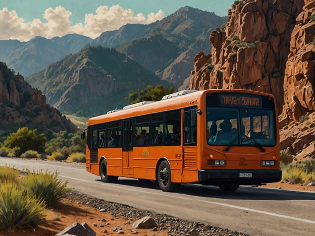 Auf dem Bild ist ein orangefarbener Bus zu sehen, der auf einer Straße durch eine bergige Landschaft fährt. Die Umgebung besteht aus beeindruckenden Felsen und grüner Vegetation. Der Bus stellt ein wichtiges Mittel des öffentlichen Verkehrs dar, das Passagiere zu ihrem Ziel bringt. Die Kombination aus Natur und Fortbewegung verleiht dem Bild eine besondere Atmosphäre.