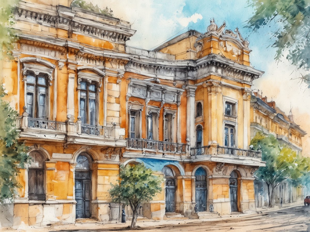 Eine beeindruckende, historische Fassade eines Gebäudes in warmen Gelbtönen, verziert mit kunstvollen architektonischen Details. Die Fenster sind groß und symmetrisch angeordnet, mit eleganten Balkonen und schmiedeeisernen Geländern. Vor dem Gebäude stehen einige Bäume, die dem Bild eine lebendige Atmosphäre verleihen. Die Straße wirkt ruhig und einladend. Odessa, mit ihrer reichen Geschichte und atemberaubenden Architektur, ist ein Ort, an dem man die Verbindung von Kultur und Schönheit hautnah erleben kann.