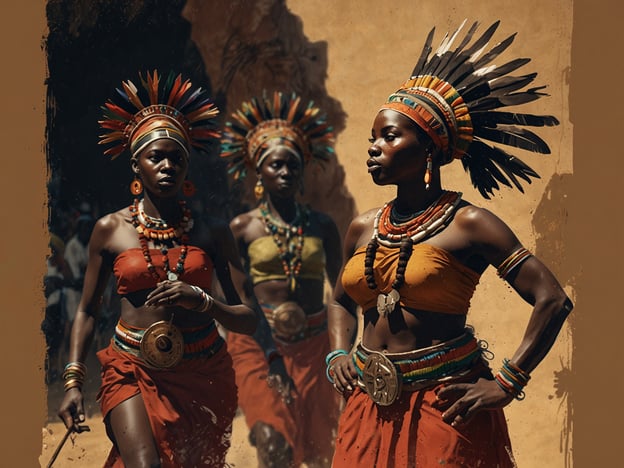 Auf dem Bild sind mehrere Frauen zu sehen, die traditionelle Kleidung und auffälligen Schmuck tragen. Ihre Outfits bestehen aus bunten Stoffen und sie tragen kunstvolle Kopfbedeckungen, die in vielen afrikanischen Kulturen eine wichtige Rolle spielen. 

Solche Darstellungen können oft bei festlichen Anlässen, Tänzen oder kulturellen Zeremonien zu finden sein. Der Schmuck, wie Ketten und Armbänder, hat nicht nur ästhetischen Wert, sondern kann auch symbolische Bedeutung tragen, die den Status oder die Herkunft der Trägerinnen zeigt. Die Szenen reflektieren die reichhaltige kulturelle Vielfalt und die tief verwurzelten Traditionen in vielen afrikanischen Gemeinschaften. 

In solchen Kontexten zelebrieren die Menschen oft ihre Identität und Geschichte, was zu einem Gefühl der Gemeinschaft und Zugehörigkeit beiträgt.