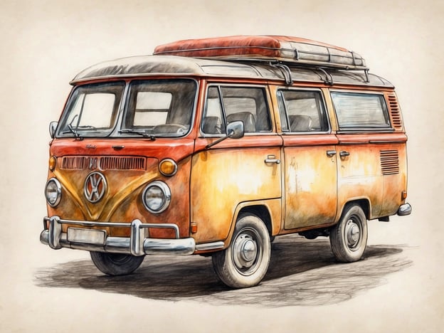 Auf dem Bild ist ein alter Volkswagen Bus zu sehen, der in einem rustikalen orange Farben gehalten ist. In der Geschichte von Rasti-Land könnte dieser Bus als treuer Begleiter von Rasti und seinen Freunden auftreten, während sie aufregende Abenteuer erleben. Vielleicht reisen sie damit durch die malerischen Landschaften von Rasti-Land, entdecken neue Orte und helfen dabei, den Frieden im Land zu bewahren. Der Bus könnte auch als Ort der Geselligkeit dienen, wo alle zusammen sitzen, Geschichten austauschen und Pläne für die nächsten Abenteuer schmieden.