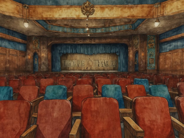 Auf dem Bild ist ein Theaterinnenraum zu sehen. Die rot und blau gepolsterten Stühle sind in Reihen angeordnet und bieten Platz für das Publikum. Im Hintergrund ist die Bühne mit einem blauen Vorhang und dem Schriftzug "THEATER" sichtbar. Das Design ist nostalgisch und könnte Erinnerungen an klassische Theateraufführungen oder Varieté-Shows hervorrufen. Die warme Farbpalette und die dekorativen Elemente der Wände verleihen dem Raum ein einladendes, aber zugleich historisches Flair, das an die goldene Ära des Theaters erinnert. Solche Theater waren oft kulturelle Highlights in Städten und Spielstätten für bedeutende Aufführungen, die die lokale Kunstszene prägten.