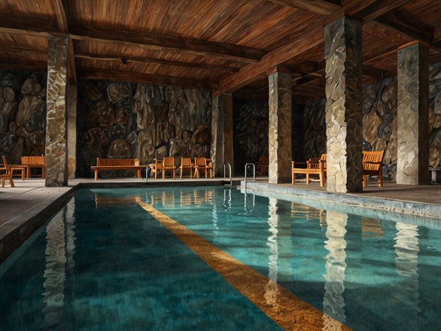 Auf dem Bild ist ein stilvoller Innenraum mit einem Swimmingpool zu sehen. Die Holzbalkendecke und die Steinwände verleihen dem Raum eine gemütliche und rustikale Atmosphäre. Die Holzliegen und die klare Wasseroberfläche des Pools laden zum Entspannen ein.

**Reisetipps und Insiderwissen:**

1. **Wellness-Oasen:** Falls du auf der Suche nach einem ähnlichen Ort bist, schau nach Wellness-Hotels in den Bergen oder an ruhigen Seen. Diese Orte bieten oft entspannende Spa-Bereiche und luxuriöse Pools.

2. **Massagen und Behandlungen:** Viele Spas bieten spezielle Pakete an, die Massagen, Gesichtsbehandlungen und andere Wellness-Angebote umfassen. Buch diese im Voraus, besonders während der Hochsaison.

3. **Frühstück und Snacks:** Erkundige dich, ob das Hotel ein Frühstücksbuffet oder kleine Snacks in der Nähe des Pools anbietet. Oft sind regionale Produkte ein besonderes Highlight.

4. **Aktivitäten in der Umgebung:** Nutze die Gelegenheit, geführte Wanderungen oder andere Aktivitäten in der Natur zu buchen. Oft bieten Hotels auch spezielle Programme an.

5. **Die Ruhezeiten nutzen:** Wenn du im Hotel bist, nimm dir Zeit für die Ruhephasen im Poolbereich. Morgens oder abends sind besonders angenehm, da es weniger geschäftig ist.

Mit diesen Tipps kannst du deinen Aufenthalt in einem ähnlichen Wellness-Bereich maximieren!