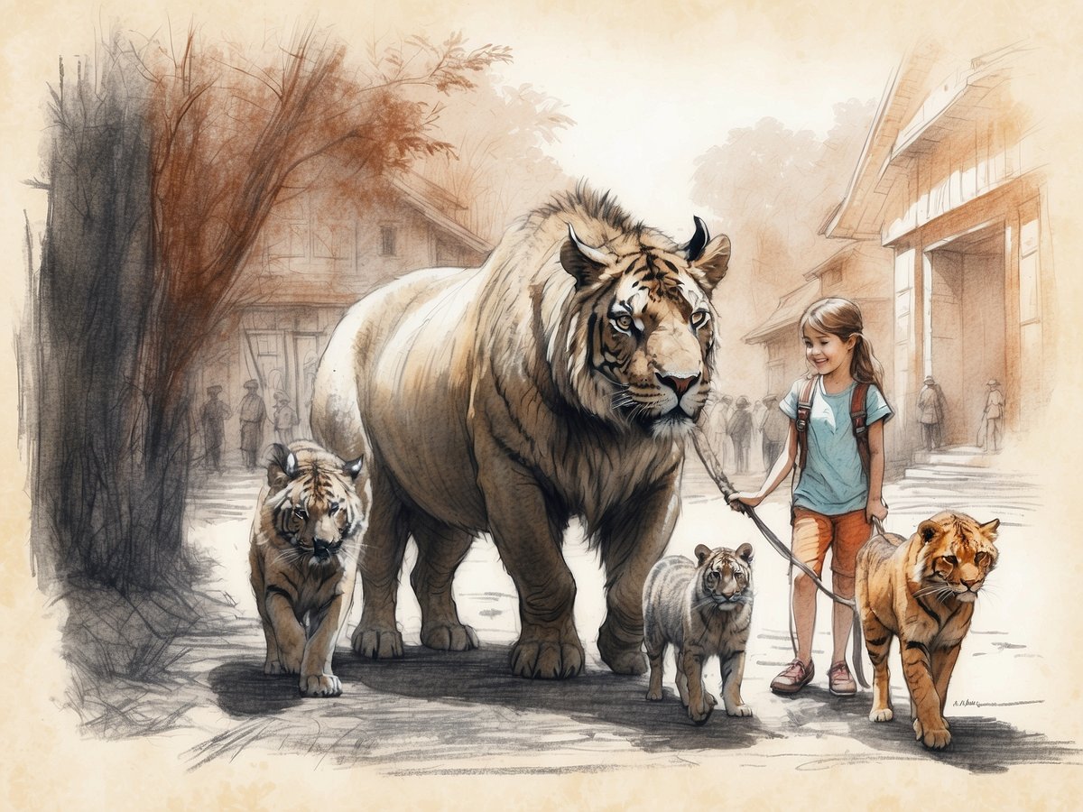 Ein Mädchen steht in einem Erlebnis-Zoo und hält die Leine eines großen Tigers, während zwei kleinere Tiger neben ihr herlaufen. Sie lächelt und trägt einen Rucksack, der an ihrer Seite baumelt. Im Hintergrund sind Gebäude und einige Menschen zu sehen, die das Szenario beobachten. Die gesamte Szene ist skizzenhaft dargestellt und vermittelt eine freundliche Atmosphäre des Zusammenlebens zwischen Mensch und Tier.