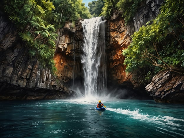 Auf dem Bild ist ein malerischer Wasserfall zu sehen, der in einen klaren, blauen Wassersee stürzt. In der Mitte des Bildes paddelt eine Person auf einem Kajak, umgeben von üppigem Grün und Felsen. Dieses Szenario bietet unvergessliche Abenteuer und Aktivitäten, wie Kajakfahren inmitten der Natur, Schwimmen im erfrischenden Wasser und die Erkundung atemberaubender Landschaften. Solch ein Ort lädt dazu ein, die Schönheit der Natur zu genießen und unvergessliche Erinnerungen zu schaffen.