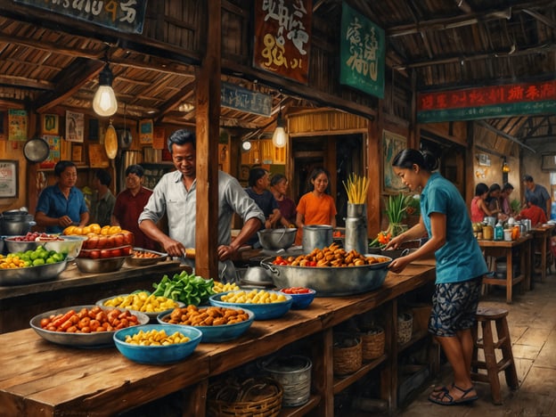 Auf dem Bild ist ein lebendiger Lebensmittelmarkt zu sehen, der die kulinarische Vielfalt Balis widerspiegelt. Vielfalt an frischen Früchten, Gemüse und traditionellen Snacks ist auf den Tischen angeordnet. Die Marktstände sind reich gefüllt mit bunten Esswaren, was typisch für die balinesische Küche ist. Diese umfasst frische Zutaten wie tropische Früchte, Gewürze und lokale Spezialitäten, die oft in großen Mengen zubereitet und verkauft werden. Die Atmosphäre ist geschäftig, mit Menschen, die miteinander interagieren und die verschiedenen Köstlichkeiten genießen.