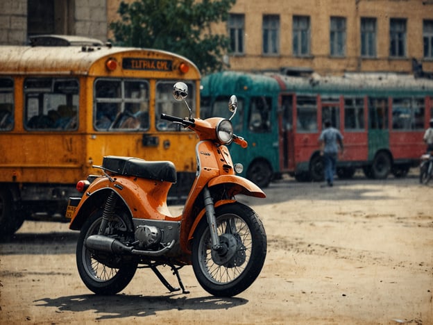 Auf dem Bild ist ein oranges Motorrad zu sehen, das in einer belebten Umgebung steht. Im Hintergrund sind verschiedene Transportmittel zu erkennen, wobei eines davon ein gelber Bus und ein weiteres ein grüner Bus ist. In Vietnam sind Motorräder, insbesondere der gängige „Xe máy“, ein sehr beliebtes Transportmittel, das häufig im Stadtverkehr genutzt wird. Die Kombination von Motorrädern und Bussen ist typisch für die urbane Mobilität in Vietnam.