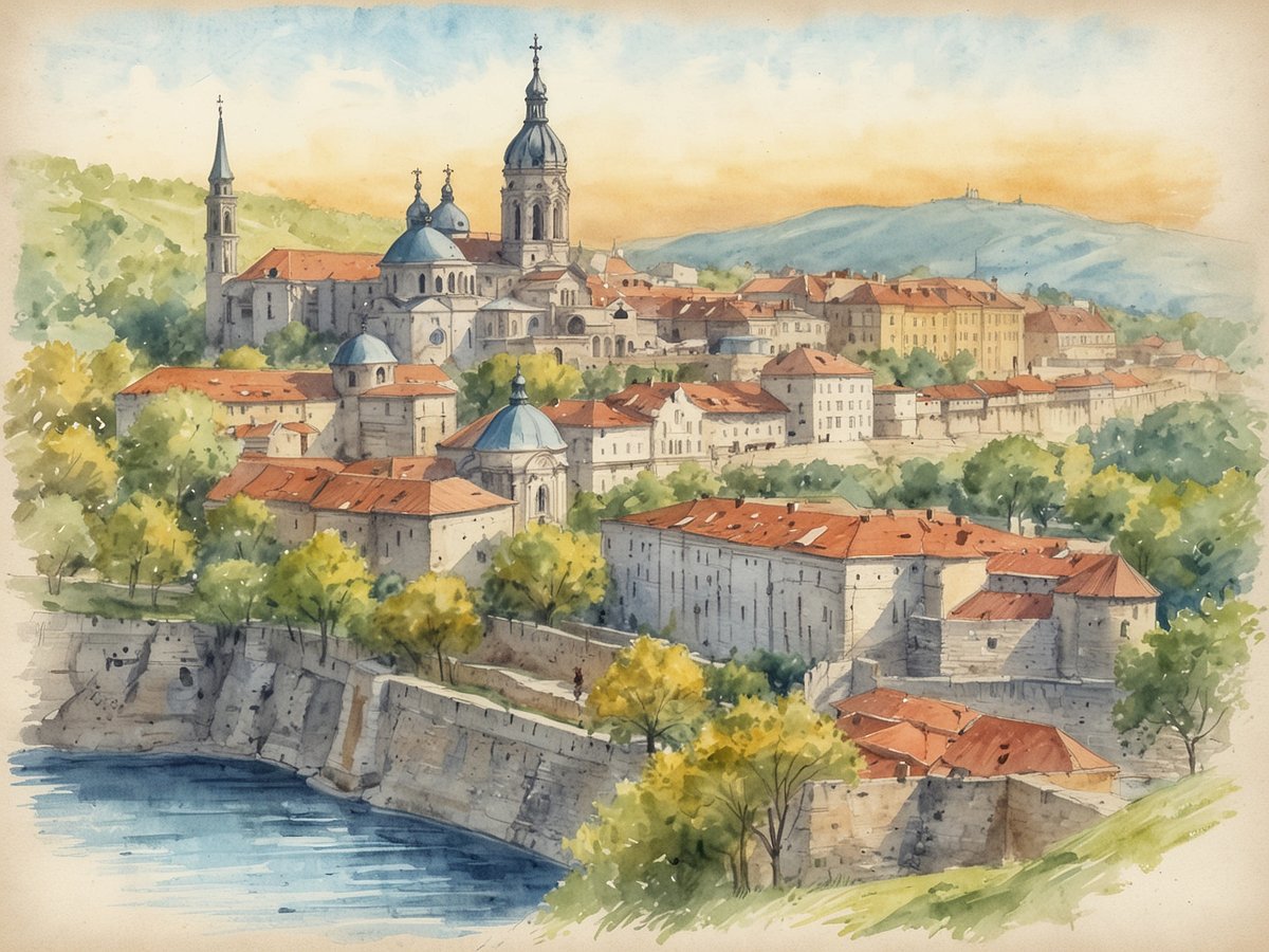 Ein malerischer Ausblick auf eine historische Stadt mit einer beeindruckenden Architektur, die von sanften Hügeln umgeben ist. Die Stadt ist geprägt von verschiedenen Kirchen mit charakteristischen Kuppeln, die im Licht der Abenddämmerung strahlen. Vorne fließt ein ruhiger Fluss, daneben sind alte Steinhäuser und moderne Gebäude zu erkennen. Üppige grüne Bäume und Pflanzen umrahmen die Szenerie und verleihen der Landschaft eine friedliche Atmosphäre. Ein schöner Ort für einen Urlaub in Serbien.