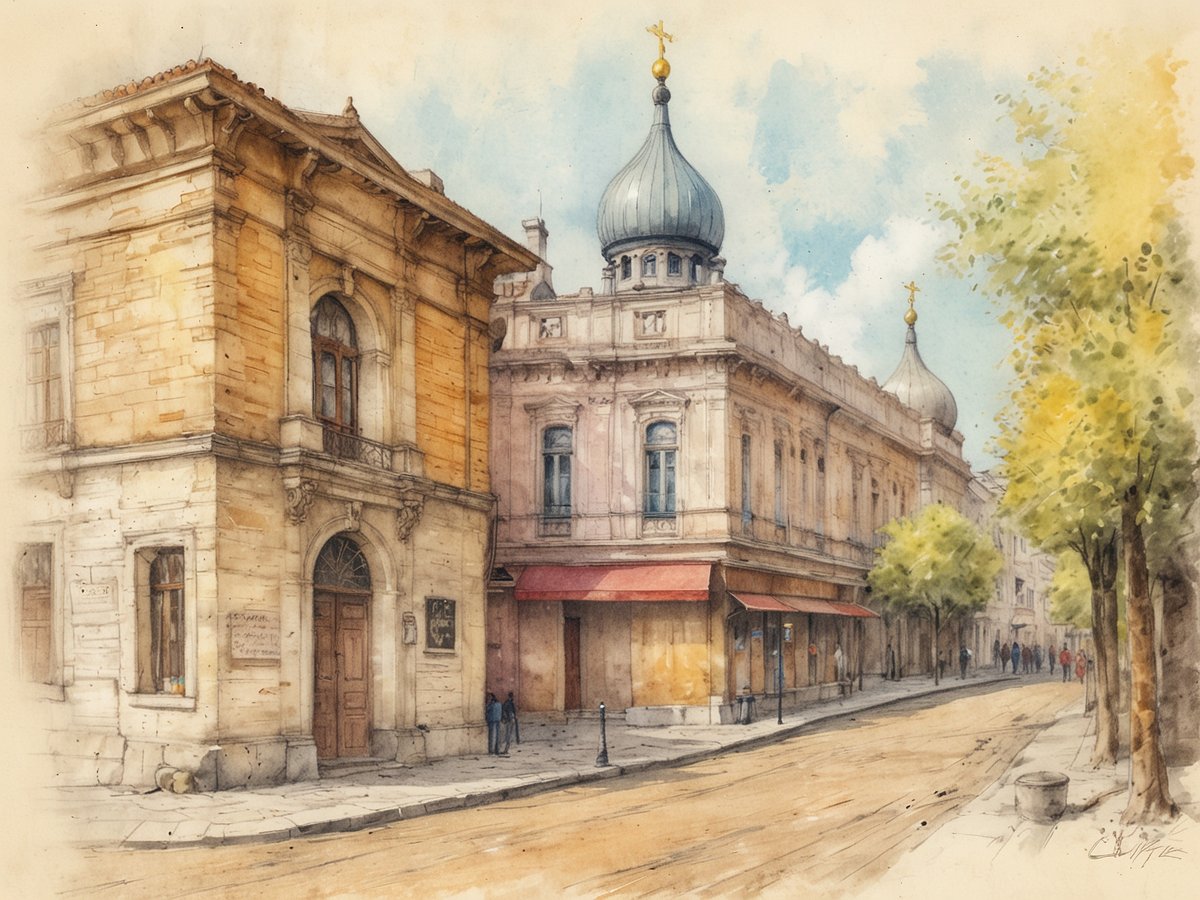 Eine malerische Straßenansicht zeigt eine ruhige Straße in Moldawien, flankiert von historischen Gebäuden mit beeindruckender Architektur. Auf der linken Seite befindet sich ein hellgelbes, elegant gestaltetes Gebäude mit großen Fenstern und einem schmiedeeisernen Balkongeländer. Die Fassade ist im klassischen Stil gehalten, während daneben ein etwas höheres Gebäude mit einer markanten kuppelartigen Dachkonstruktion zu sehen ist. In der Mitte des Bildes stehen einige Menschen auf der Straße, die von Bäumen gesäumt wird, was der Szenerie eine entspannte Atmosphäre verleiht. Die sanften Farben und das Licht laden dazu ein, die Umgebung zu erkunden und die charmante Kultur Moldawiens zu entdecken.