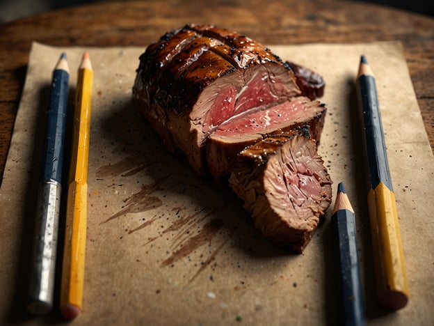 Auf dem Bild ist ein Stück Fleisch zu sehen, das appetitlich auf einem Stück braunem Papier angerichtet ist. Es scheint gegrillt oder gebraten zu sein, da die Oberfläche eine glänzende, karamellisierte Farbe hat, während das Innere zart und rosa ist.

Umrahmt wird das Fleisch von farbigen Buntstiften, was eine kreative und möglicherweise dekorative Note hinzufügt. Diese Kombination aus Essen und Kunst könnte auf eine künstlerische Präsentation oder ein Menü für eine Veranstaltung hinweisen.

Kulturell betrachtet hat Fleisch in vielen deutschsprachigen Regionen eine besondere Bedeutung, oft verbunden mit Traditionen wie dem großen Essen zu Feiertagen oder festlichen Anlässen. Zudem wird in Deutschland oft Wert auf nachhaltige und regionale Fleischproduktion gelegt.

Beim Servieren von Fleisch ist es üblich, darauf zu achten, dass die Gäste sich wohlfühlen. Man sollte darauf achten, dass die Portionen angemessen sind und alle Gäste ein Stück erhalten. Es ist höflich, nach dem Wohl des Gastes zu fragen, insbesondere wenn man selbst kocht oder für andere verantwortlich ist.