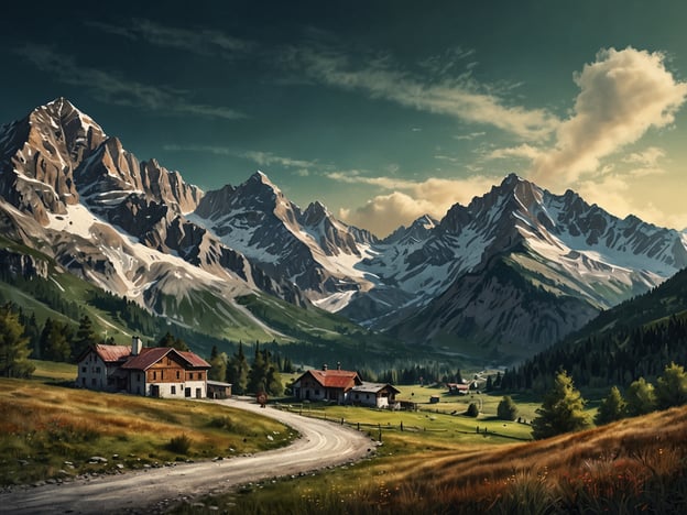 Auf dem Bild sind beeindruckende Berge in einer schönen Landschaft zu sehen, die typisch für die Alpen sind. Die schneebedeckten Gipfel und die malerischen Wiesen schaffen eine idyllische Kulisse. In der Nähe führt ein Weg durch eine idyllische ländliche Szene mit traditionellen Hütten. Diese Region ist ein wahres Naturparadies für Wanderer und Skifahrer, die die atemberaubende Schönheit der Alpen genießen möchten.