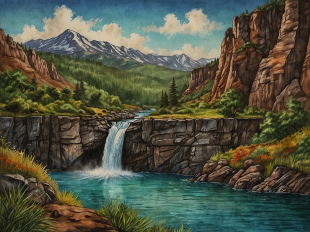 Auf dem Bild ist eine beeindruckende Landschaft zu sehen, die von den Nationalparks der USA inspiriert sein könnte. Im Vordergrund fließt ein klarer Wasserfall in ein turquoise-blaues Gewässer. Umgeben wird die Szenerie von majestätischen Bergen im Hintergrund, die mit schneebedeckten Gipfeln versehen sind. Die üppige Vegetation und die Felsen am Ufer verleihen dem Bild ein Gefühl von Ruhe und Naturverbundenheit, ähnlich wie in den gigantischen Wäldern und atemberaubenden Landschaften der amerikanischen Nationalparks.