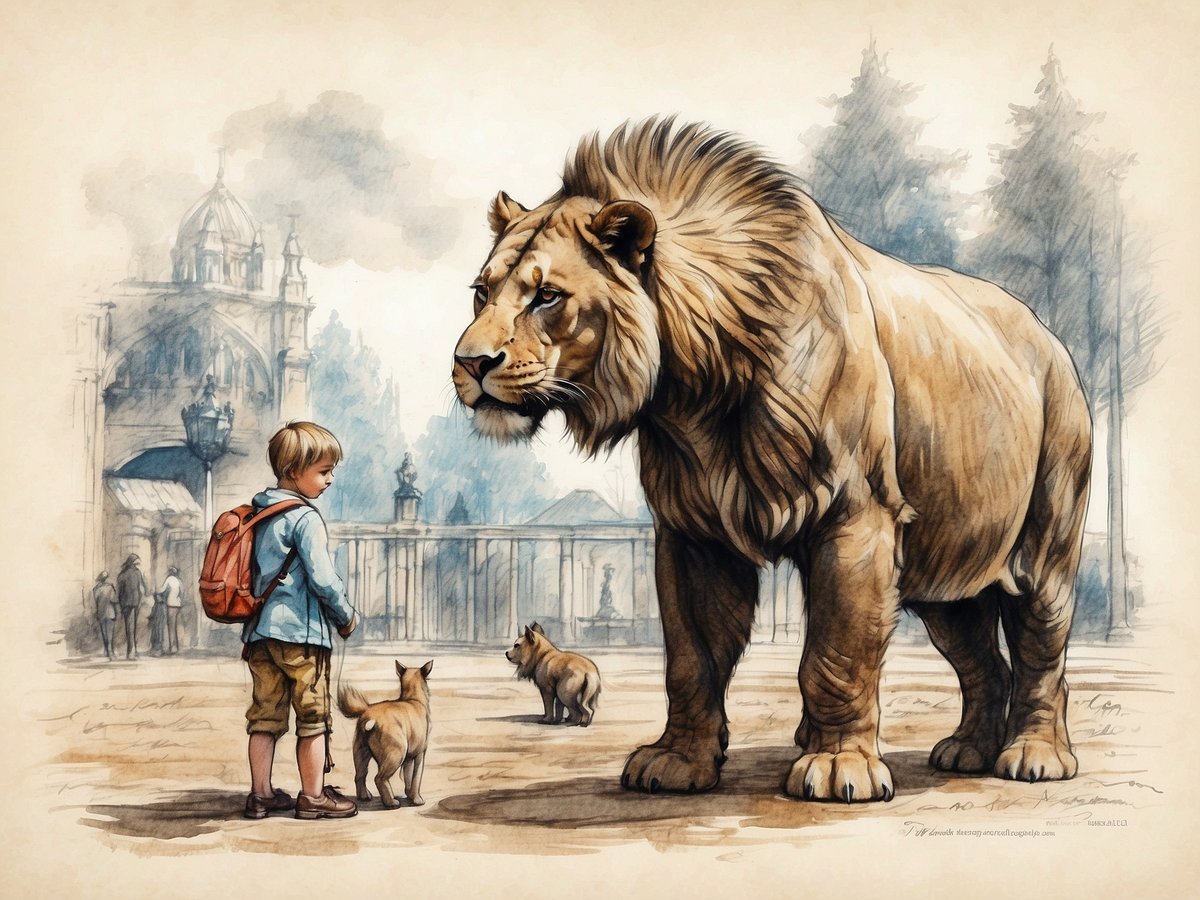 Ein Junge steht in einem Tierpark und schaut fasziniert zu einem majestätischen Löwen, der direkt vor ihm steht. Der Löwe hat eine beeindruckende Mähne und ein freundliches, aber kräftiges Erscheinungsbild. Um den Jungen herum ziehen zwei kleine Hunde seine Aufmerksamkeit auf sich. Im Hintergrund sind verschwommene Silhouetten von Gebäuden und weiteren Besuchern des Tierparks zu sehen, was eine lebendige und freundliche Atmosphäre schafft.