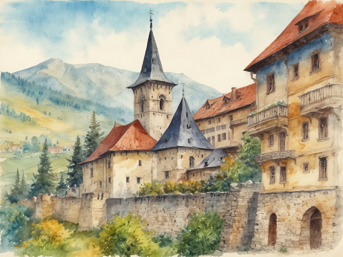 Ein malerisches Dorf in den rumänischen Karpaten mit einer beeindruckenden Burg im Vordergrund. Die Burg hat zwei hohe Türme mit steilen, schiefergedeckten Dächern und ist von einer alten Steinmauer umgeben. Im Hintergrund erheben sich majestätische, bewaldete Berge unter einem strahlend blauen Himmel mit wenigen Wolken. Die umliegenden Häuser sind mit roten und beige Farbnuancen gestaltet und zeigen rustikale Balkone, umgeben von üppigem Grün. Diese Idylle vermittelt eine charmante, historische Atmosphäre, die typisch für die schönsten Orte für einen Urlaub in Rumänien ist.