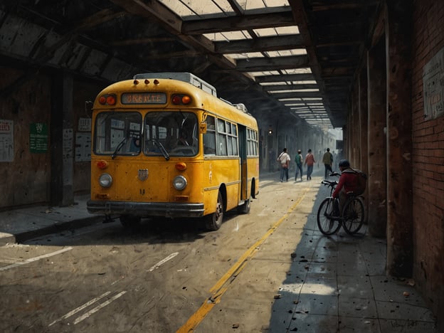 Auf dem Bild ist ein gelber Bus zu sehen, der in einem Übergangsbereich oder einer alten Station steht. Um den Bus herum sind mehrere Personen, die zu Fuß gehen. Auf der linken Seite sitzt eine Person auf einem Fahrrad und beobachtet die Umgebung. Die Beleuchtung wirkt etwas düster, was auf einen älteren oder historischen Ort hindeutet. 

Wenn man das Bild analysiert, könnte man sich überlegen, welche Bedeutung der Ort hat und welche Geschichten sich dort abspielen. Es wäre eine interessante Planung, eine Geschichte rund um diesen Ort und die Personen zu entwickeln, sowie mögliche kulturelle Elemente zu recherchieren, die mit der dargestellten Szene verbunden sind.