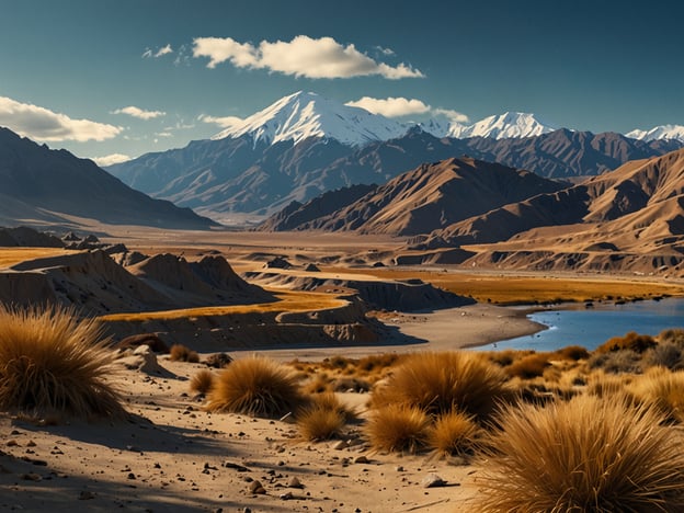 Auf dem Bild ist eine beeindruckende Landschaft zu sehen:

- **Berge**: Im Hintergrund erheben sich majestätische, schneebedeckte Berge, die eine dramatische Kulisse bilden.
- **Wüste**: Im Vordergrund erstrecken sich sandige Flächen mit sanften Hügeln, die eine wüstenähnliche Umgebung schaffen.
- **Gräser und Sträucher**: Es gibt auffällige, buschige Grasflächen, die dem Bild Textur und Farbe verleihen.
- **Fluss oder Teich**: Im unteren Bereich des Bildes fließt möglicherweise ein Wasserlauf oder ein kleiner Teich, der Ruhe und Klarheit vermittelt.
- **Himmel**: Der Himmel ist klar mit einigen Wolken, die dem Bild Tiefe und eine friedliche Atmosphäre verleihen.

Diese Kombination von Elementen schafft eine beeindruckende und friedliche Naturszene.