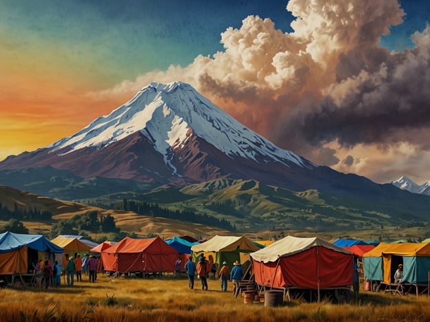 Auf dem Bild ist eine malerische Szene zu sehen, die von der beeindruckenden Landschaft Ecuadors inspiriert ist. Im Vordergrund befinden sich bunte Zelte, die vermutlich zu einem Markt oder einem Fest gehören. Die Menschen in der Szene scheinen miteinander zu interagieren und die Umgebung zu genießen. Im Hintergrund erhebt sich majestätisch ein schneebedeckter Vulkan, der den Himmel mit lebhaften Farben in warmen Tönen erfüllt. Dieser Vulkan könnte der Chimborazo sein, der der höchste Gipfel Ecuadors ist und eine große kulturelle Bedeutung hat. Die gesamte Komposition vermittelt ein Gefühl von Gemeinschaft und der natürlichen Schönheit Ecuadors.