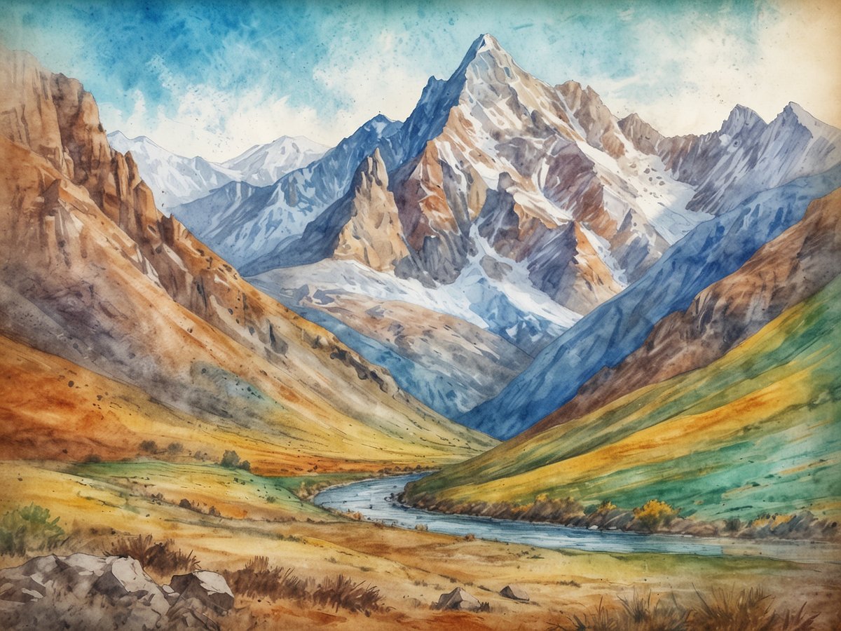 Eine malerische Landschaft im Kaukasus zeigt hohe, schneebedeckte Berge, die majestätisch in den Himmel ragen. Umgeben von sanften Hügeln in warmen Erdtönen und saftigen Grün- und Gelbtönen fließt ein klarer, kurvenreicher Fluss durch das Tal. Der Himmel ist blau mit einigen Wolken, die die Schönheit der unberührten Natur unterstreichen. Diese Szenerie ist ein idealer Ort für einen unvergesslichen Urlaub im Kaukasus.