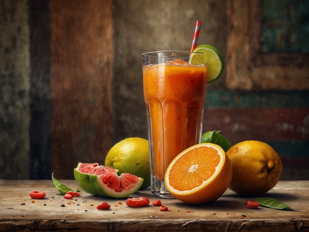 Auf dem Bild ist ein erfrischendes Getränk in einem Glas zu sehen, das mit Eis gefüllt ist und mit einer Zitronenscheibe dekoriert ist. Um das Glas herum liegen frische Früchte, darunter eine Orange, eine Limette und möglicherweise eine Guave. 

In Ecuador sind frische Fruchtsäfte sehr populär, und solche Mixgetränke sind ein wichtiger Bestandteil der einheimischen Küche. Besonders beliebt sind Säfte aus tropischen Früchten wie Maracuja und Naranjilla. Zusätzlich gibt es viele Variationen, die lokale Früchte kombinieren und oft mit Wasser oder Milch zubereitet werden.