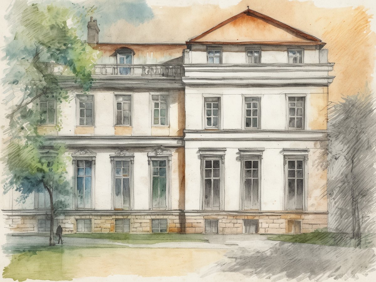 Das Bild zeigt eine beeindruckende architektonische Struktur in Weimar, die mit klassizistischen Elementen gestaltet ist. Die Fassade ist weiß mit klaren Linien und symmetrischen Fenstern, die von eleganten Rahmen umgeben sind. Der obere Teil des Gebäudes hat ein rotes Satteldach, das sich harmonisch in die Gesamtgestaltung einfügt. Vor dem Gebäude wächst ein Baum, der Schatten spendet und eine angenehme Atmosphäre schafft. Eine Person ist im Vordergrund zu sehen, die den Gehweg entlang spaziert. Die sanften Farben verleihen dem Bild eine ruhige und einladende Stimmung, die die kulturellen Highlights der Stadt wunderbar widerspiegelt.