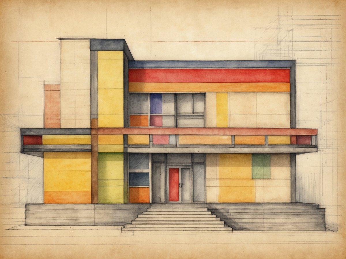 Das Bild zeigt eine farbenfrohe Architekturzeichnung eines Gebäudes im Stil des Bauhauses. Die Fassade ist in verschiedenen rechteckigen Farben gestaltet, darunter Gelb, Rot, Blau und Grün, und wird von klaren geometrischen Linien strukturiert. Das Gebäude hat große Fenster und eine einladende Eingangstür in Rot. Die Stufen vor dem Eingang verleihen dem Entwurf eine gewisse Dimension und Zugänglichkeit. Der Hintergrund ist skizzenhaft gehalten, was den Eindruck einer Konzeptzeichnung verstärkt und die kreative Planung hinter dem Bauhaus-Design verdeutlicht.