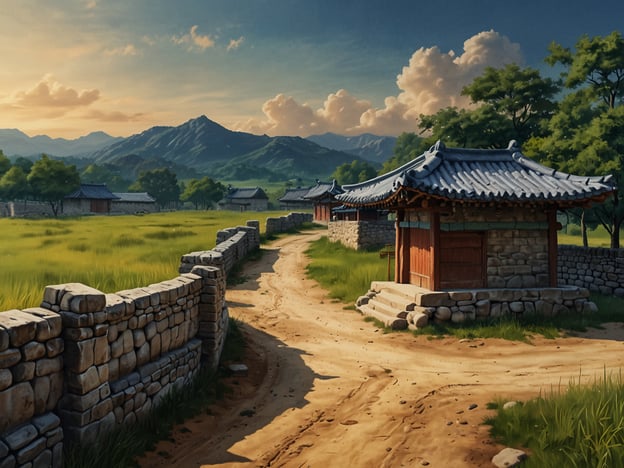 Auf dem Bild sind traditionelle koreanische Gebäude zu sehen, die an die Architektur der Joseon-Dynastie erinnern. Diese Ära ist bekannt für ihre Einflüsse auf Kunst, Wissenschaft und Philosophie in Korea. Die Landschaft um die Gebäude, mit Bergen im Hintergrund und einem gewundenen Pfad, könnte an die Umgebung von Geschichtsorten wie Hahoe Folk Village oder Bukchon Hanok Village erinnern, die beide UNESCO-Weltkulturerbe sind. Die idyllische Natur und die gut erhaltene Bauweise spiegeln die Harmonisierung zwischen Mensch und Natur wider, die in der koreanischen Kultur geschätzt wird.