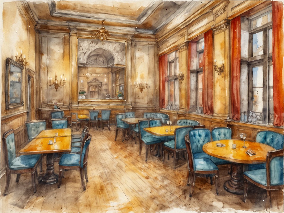 Das Bild zeigt das Innere eines eleganten Restaurants mit einer warmen und einladenden Atmosphäre. Die Wände sind in sanften Erdtönen gehalten, mit opulenten Detailing wie Kronleuchtern und Wandspiegeln. Es sind mehrere runde und quadratische Tische aus Holz mit blauen gepolsterten Stühlen arrangiert. Vor den großen Fenstern hängen rote Vorhänge, die das Licht sanft filtern. Der Holzboden trägt zur gemütlichen Stimmung bei, während einige dekorative Blumen in Vasen auf den Tischen positioniert sind. Insgesamt vermittelt der Raum einen charmanten und raffinierte Eindruck, der ideal für kulinarische Erlebnisse ist.