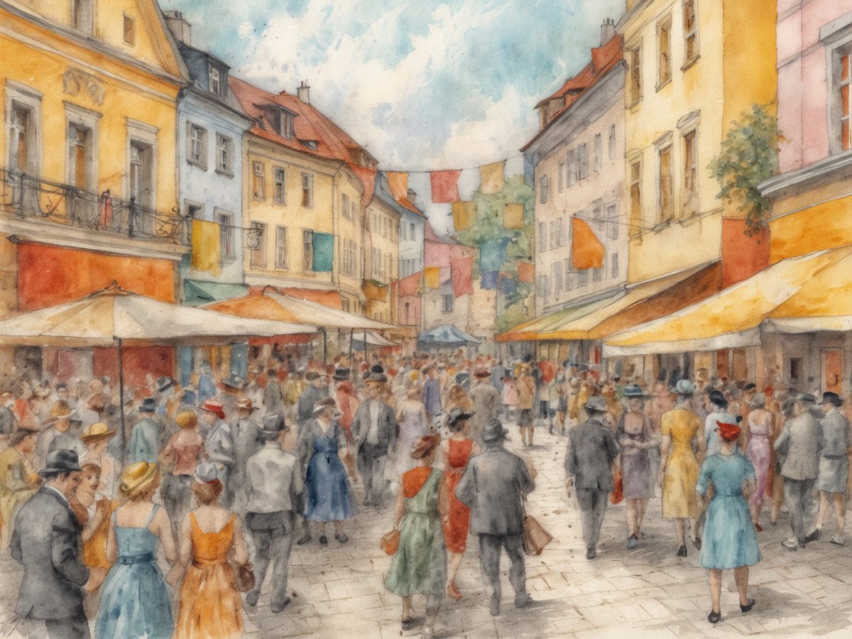 Eine belebte Straßenszene aus Weimar, in der Menschen in eleganter Kleidung durch eine festlich dekorierte Straße flanieren. Die Architektur der Gebäude zeigt eine Mischung aus historischen und modernen Elementen. Zahlreiche Markisen und Sonnenschirme spenden Schatten, während bunte Stoffe zwischen den Gebäuden hangen. Der Himmel ist leicht bewölkt, was der Szene eine lebendige, fröhliche Atmosphäre verleiht. Es ist ein wunderschöner Tag, der die kulturellen Ereignisse und das geschäftige Treiben in der Stadt widerspiegelt.