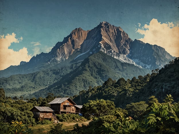 Auf dem Bild ist eine beeindruckende Berglandschaft zu sehen, mit einem majestätischen Berg im Hintergrund, der möglicherweise der Mount Kinabalu in Malaysia ist. Im Vordergrund befinden sich traditionelle Holzgebäude, die in einer grünen, üppigen Umgebung platziert sind. 

Diese Region bietet viele Aktivitäten wie Trekking und Wandern, um die atemberaubenden Ausblicke auf die Berge und die Natur zu genießen. Außerdem können Besucher die lokale Flora und Fauna erkunden, sowie die kulturellen Aspekte der Bevölkerung erleben. Ein Besuch in dieser Gegend könnte auch Gelegenheiten zum Fotografieren der spektakulären Landschaften und zur Erkundung der umliegenden Wälder bieten.