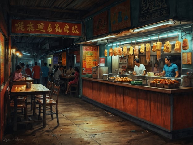 Auf dem Bild ist eine belebte Markthalle oder ein Straßenimbiss zu sehen, in dem verschiedene kulinarische Köstlichkeiten angeboten werden. Es gibt eine Vielzahl von Speisen, die typisch für die asiatische Küche sind, darunter Waren, die frisch zubereitet werden. Die Atmosphäre ist lebhaft mit mehreren Gästen, die an Tischen sitzen und essen oder auf ihre Speisen warten. Über der Theke hängen verschiedene Fleisch- und Wurstwaren, während die Köche aktiv beim Zubereiten der Gerichte sind. Die Wände sind mit bunten Plakaten und Schildern geschmückt, die zur einladenden und authentischen Erfahrung dieser kulinarischen Entdeckung beitragen.