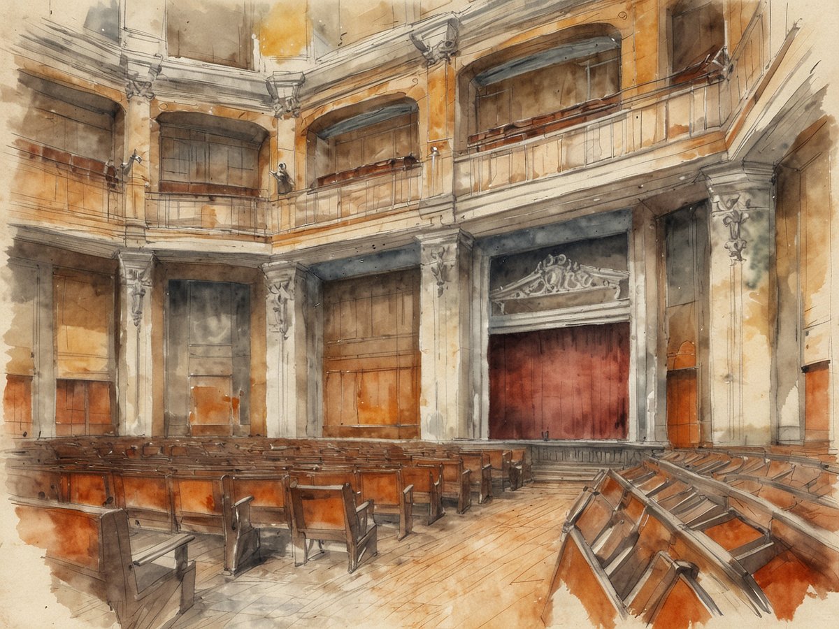 Das Bild zeigt das innere des Deutschen Nationaltheaters in Weimar, illustriert in einem aquarellartigen Stil. Der Fokus liegt auf dem leeren Zuschauerraum mit Holzbänken und einer Bühne im Hintergrund, die von einer roten Vorhangbühne geprägt ist. Die Wände sind in warmen Farbtönen gehalten, und die architektonischen Details sind liebevoll ausgearbeitet, was auf die hohe Kunst und Kultur der Staatskapelle Weimar hinweist. Das Bild vermittelt eine Atmosphäre von Eleganz und historischem Charme, die für das Theater typisch ist.