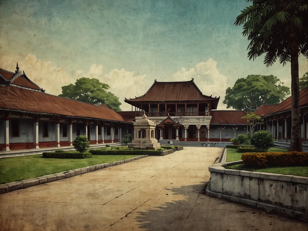 Auf dem Bild ist ein traditionelles indonesisches Gebäude zu sehen, das typischerweise in Yogyakarta vorkommt. Die Architektur spiegelt die reiche Kultur und Geschichte dieser Region wider, einschließlich der charakteristischen Dachformen und der harmonischen Anordnung von Gebäuden im Innenhof. Die gepflegten Gärten und der zentral gelegene monumentale Stein zeigen, wie kulturelle Elemente mit der natürlichen Umgebung in Einklang gebracht werden. Yogyakarta ist bekannt für seine bedeutende Rolle als Zentrum der Kunst und Bildung in Indonesien.