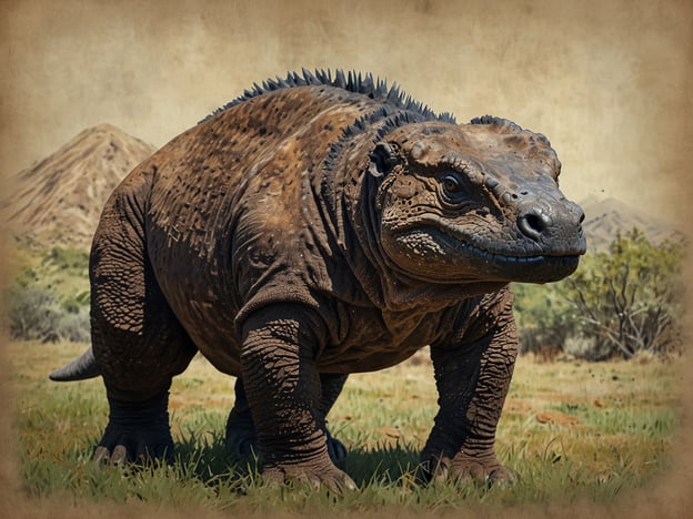 Auf dem Bild ist eine beeindruckende Kreatur zu sehen, die an einen riesigen Dinosaurier erinnert. Dies könnte ein Kunstwerk sein, das sich von der einzigartigen Tierwelt des Komodo-Nationalparks inspirieren lässt. Der Komodo-Nationalpark ist bekannt für seine außergewöhnlichen Tiere, wie die berühmten Komodowarane, die die größten Echsen der Welt sind und in diesem speziell geschützten Gebiet leben. Die Landschaft im Hintergrund deutet auf die natürliche Umgebung hin, die diese Tiere bewohnen, und zeigt die dramatische Schönheit des Parks.