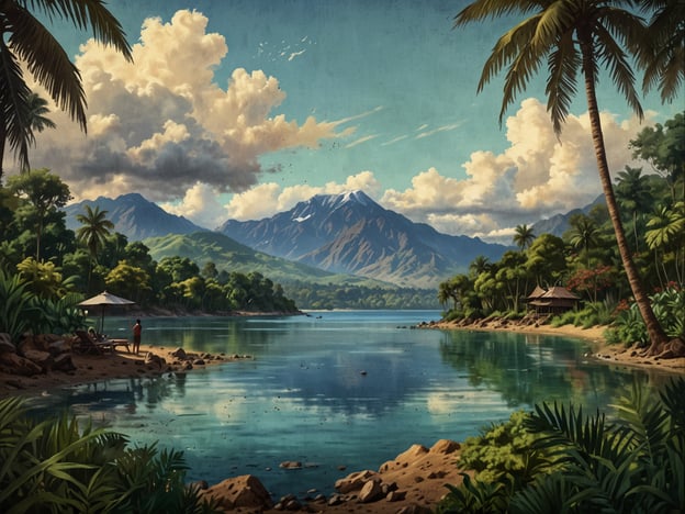 Auf dem Bild ist eine malerische Landschaft zu sehen, die die Schönheit von Lombok verkörpert. Im Vordergrund spiegeln sich die sanften Wellen des Wassers und es gibt einige Felsen sowie üppige Pflanzen. Eine entspannte Atmosphäre wird durch die Palmen und die ruhige Bucht geschaffen. Im Hintergrund erheben sich majestätische Berge unter einem strahlend blauen Himmel, der von Wolken geschmückt ist. Diese Szenerie lädt ein, die Natur zu genießen und in Ruhe zu entspannen – ein perfekter Ort für Erholung und Naturverbundenheit.