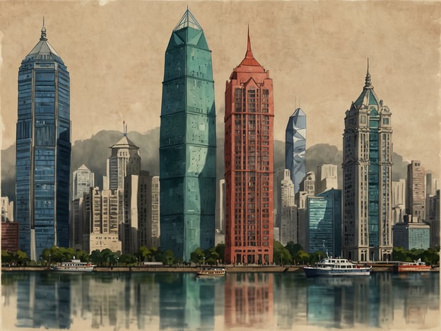 Auf dem Bild ist eine Stadtlandschaft mit mehreren modernen Hochhäusern zu sehen, die vermutlich in Hongkong angesiedelt ist. Die Architektur ist vielfältig, mit verschiedenen Farben und Formen der Gebäude. Im Vordergrund spiegelt sich das Stadtbild im Wasser, was eine friedliche Atmosphäre schafft. Wenn du nach einer Unterkunft in Hongkong suchst, gibt es viele Optionen, von luxuriösen Hotels in der Nähe des Hafens bis hin zu günstigen Hostels in zentralen Lagen. Beliebte Gegenden sind Tsim Sha Tsui, Central und Wan Chai.