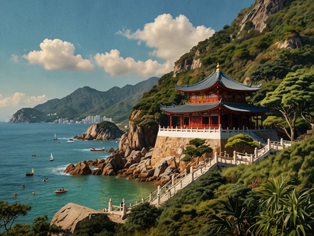 Auf dem Bild ist eine malerische Küstenlandschaft mit einem traditionellen chinesischen Pavillon zu sehen, der auf einem Felsen steht. Im Hintergrund erheben sich grüne Berge, und das Wasser in der Bucht ist von kleinen Booten und Segelbooten belebt. Diese Szenerie könnte typische Aktivitäten wie Bootfahren, Wandern in den Bergen oder das Genießen der Aussicht in einem historischen Tempel umfassen. Solche Orte sind für Touristen oft attraktiv, da sie eine Kombination aus Natur und kulturellem Erbe bieten.