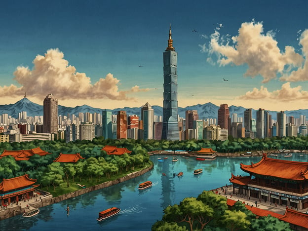 Taiwan – Ein unterschätztes Juwel Asiens. 

Auf dem Bild ist eine malerische Ansicht einer Stadt mit modernen Wolkenkratzern und traditioneller Architektur zu sehen. Im Vordergrund fließt ein ruhiger Fluss, gesäumt von üppigem Grün und wunderschönen Gartenanlagen. Am Ufer befinden sich mehrere traditionelle Gebäude mit charakteristischen Dächern. In der Ferne ragt ein markanter Wolkenkratzer in den Himmel, umgeben von majestätischen Bergen, die die Landschaft eindrucksvoll abrunden. Kleine Boote schippern friedlich auf dem Wasser, was der Szene eine beruhigende Atmosphäre verleiht.