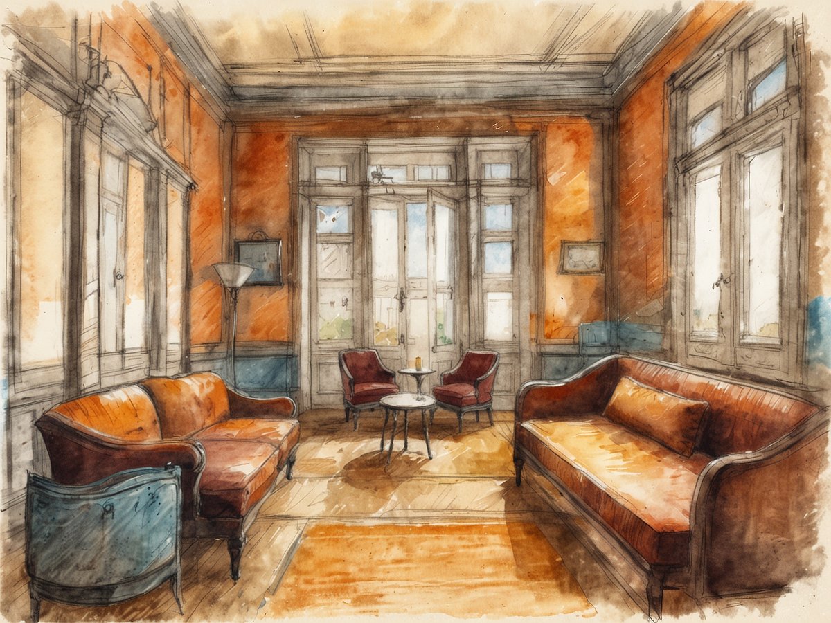 Im Bild ist ein einladender Raum zu sehen, der mit hellen, warmen Farben gestaltet ist. Links steht ein elegantes, braunes Sofa, während auf der rechten Seite ein weiteres Sofa mit orangefarbenem Bezug zu finden ist. In der Mitte des Raumes gibt es einen runden Tisch mit zwei gemütlichen Stühlen, die zum Verweilen einladen. Große Fenster lassen viel Tageslicht herein und sorgen für eine freundliche Atmosphäre. Die Wände sind in sanften erdigen Tönen gestrichen, was dem Raum ein behagliches Ambiente verleiht.