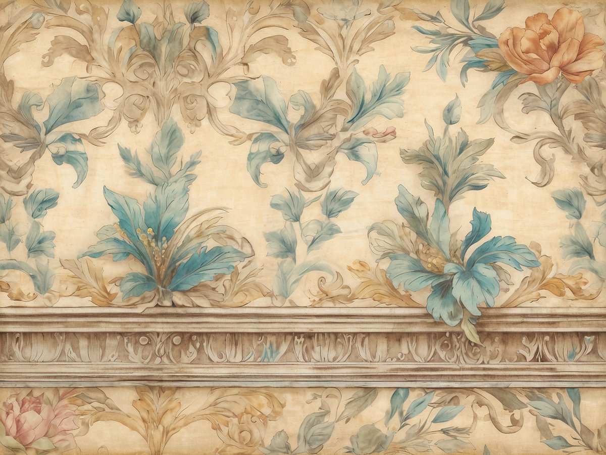 Das Bild zeigt eine detailreiche, barocke Wandverzierung mit floralen Motiven in sanften Farben. Dominierend sind blaue und grüne Blätter, die elegant angeordnet sind, sowie zarte Blüten in Rosatönen. Im unteren Bereich ist ein dekorativer, grauer Rahmen zu sehen, der mit kunstvollen Ornamenten verziert ist. Der hintergründige cremefarbene Ton verleiht der Komposition eine edel wirkende Atmosphäre, die die botanische Vielfalt und die barocke Eleganz des Schloss Belvedere in Weimar widerspiegelt.