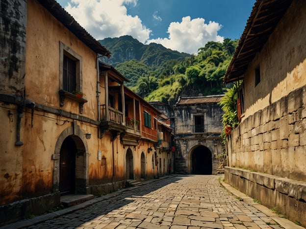 Auf dem Bild ist eine malerische Straße in einer historischen Stadt zu sehen, umgeben von alten, charmanten Gebäuden mit Ecken, die Geschichte ausstrahlen. Diese Art von Umgebung kann oft in Städten wie Vigan auf den Philippinen gefunden werden, die für ihre gut erhaltene spanische Kolonialarchitektur berühmt ist.

Top-Sehenswürdigkeiten und Aktivitäten könnten Folgendes umfassen:

1. **Erkundung der Geschichte**: Spaziergänge durch die historischen Straßen, um die Kolonialarchitektur zu bewundern.
2. **Besuch von Museen**: Entdecken Sie Museen, die die lokale Kultur und Geschichte präsentieren.
3. **Lokale Küche genießen**: Probieren Sie traditionelle Gerichte in einem der Cafés oder Restaurants vor Ort.
4. **Handwerk und Souvenirs**: Einkaufen von lokaler Handwerkskunst und einzigartigen Souvenirs.
5. **Natur erleben**: Wanderungen oder Ausflüge in die malerische Umgebung, z.B. in die Berge, die im Hintergrund sichtbar sind.

Diese Aktivitäten bieten einen tieferen Einblick in die Kultur und Geschichte der Region sowie eine schöne Verbindung zur Natur.