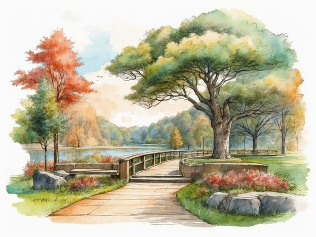 Auf dem Bild ist eine malerische Landschaft zu sehen, die eine Brücke über einen ruhigen Gewässer mit umgebenden Bäumen und Blumen zeigt. Die lebhaften Farben der Bäume deuten auf den Herbst hin, was einen warmen und einladenden Eindruck vermittelt. Die Szene erinnert an die Schönheit des Parc du Bocasse, der für seine ruhigen Spaziergänge und die idyllische Natur bekannt ist. In dieser Umgebung können Besucher die frische Luft genießen und sich von der Hektik des Alltags erholen, ähnlich wie es im Parc du Bocasse möglich ist, wo Natur und Erholung im Mittelpunkt stehen.