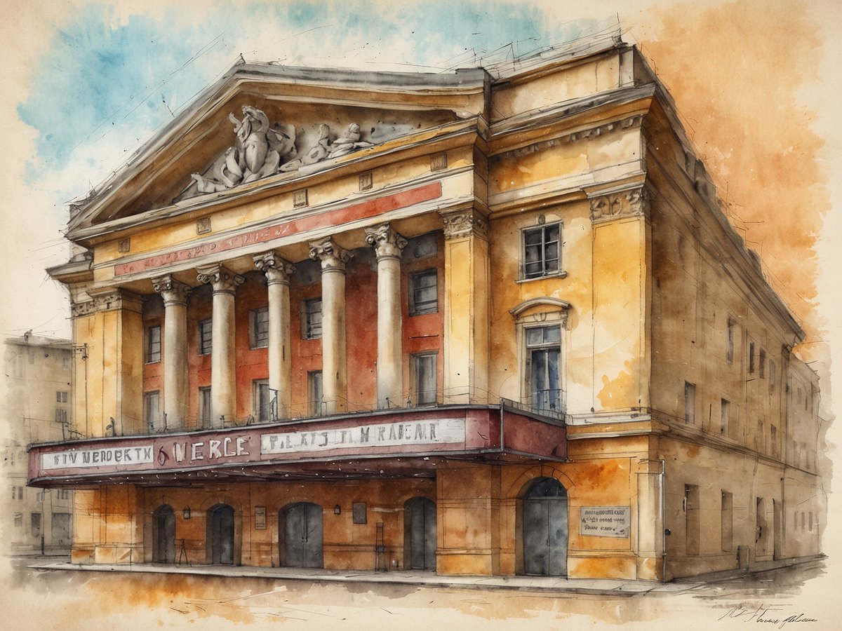 Das Bild zeigt eine künstlerische Aquarellzeichnung eines historischen Theaters mit einer eindrucksvollen Fassade. Die Fassade ist in warmen Gelb- und Orangetönen gehalten und wird von markanten Säulen flankiert. Über dem Eingang prangt ein für das Theater typisches dekoratives Relief. Auf dem Vordach steht der Schriftzug des Theaters, umgeben von hellblauem Himmel und sanften Farbtönen, die dem Bild eine nostalgische Stimmung verleihen. Die architektonischen Details und die ansprechende Farbgestaltung machen das Gebäude zu einem Blickfang.