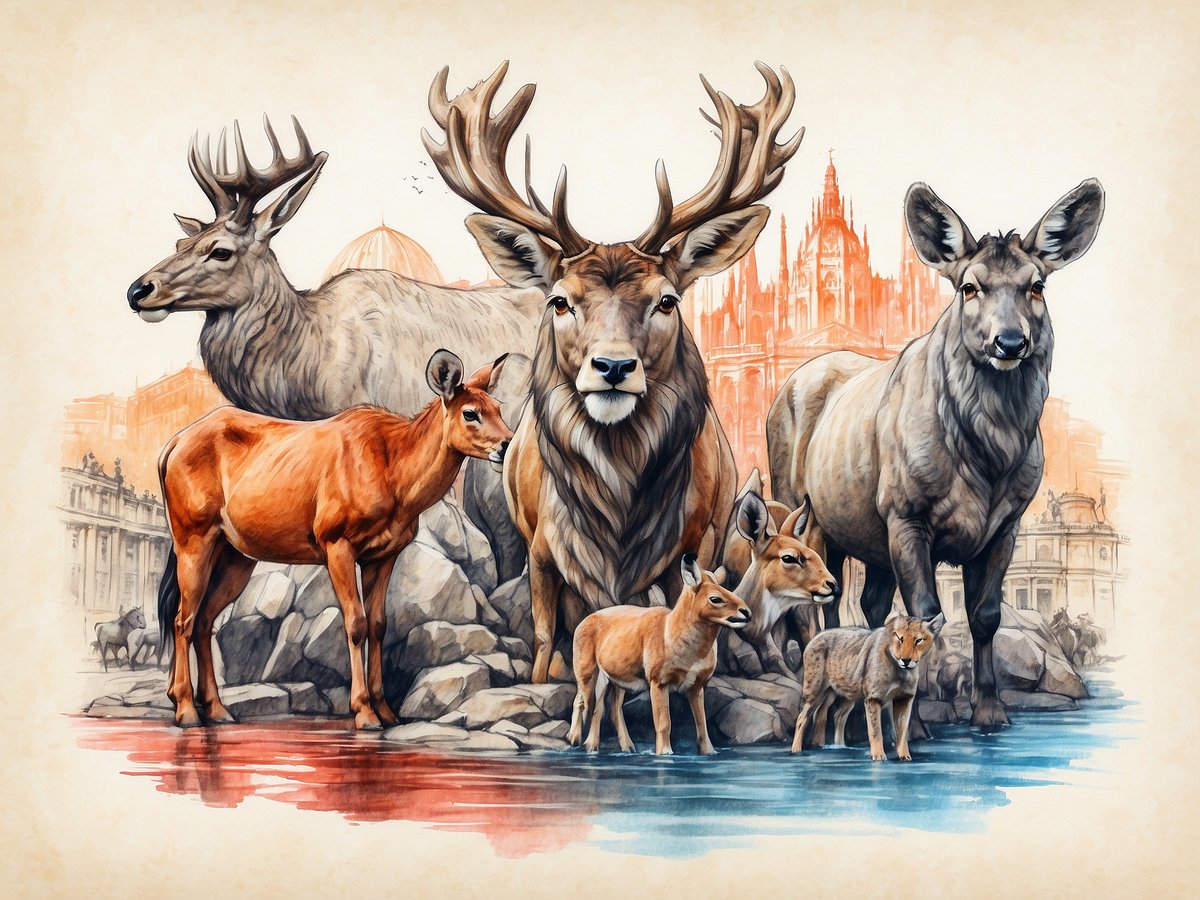 Das Bild zeigt eine malerische Darstellung verschiedener Tiere, die in einem natürlichen Habitat wirken. Im Vordergrund stehen ein majestätischer Hirsch mit einem prächtigen Geweih, eine kleinere Wildziege, mehrere Rehe und eine große Antilope. Im Hintergrund sind weitere Tiere wie ein Wolf und eine Kuh zu sehen, umgeben von Felsen und Wasser. Die Szenerie wird von einer stilisierten Stadtansicht im Hintergrund ergänzt, die das Bild lebendig macht und eine Verbindung zur Natur und zum Zoo Dresden herstellt.
