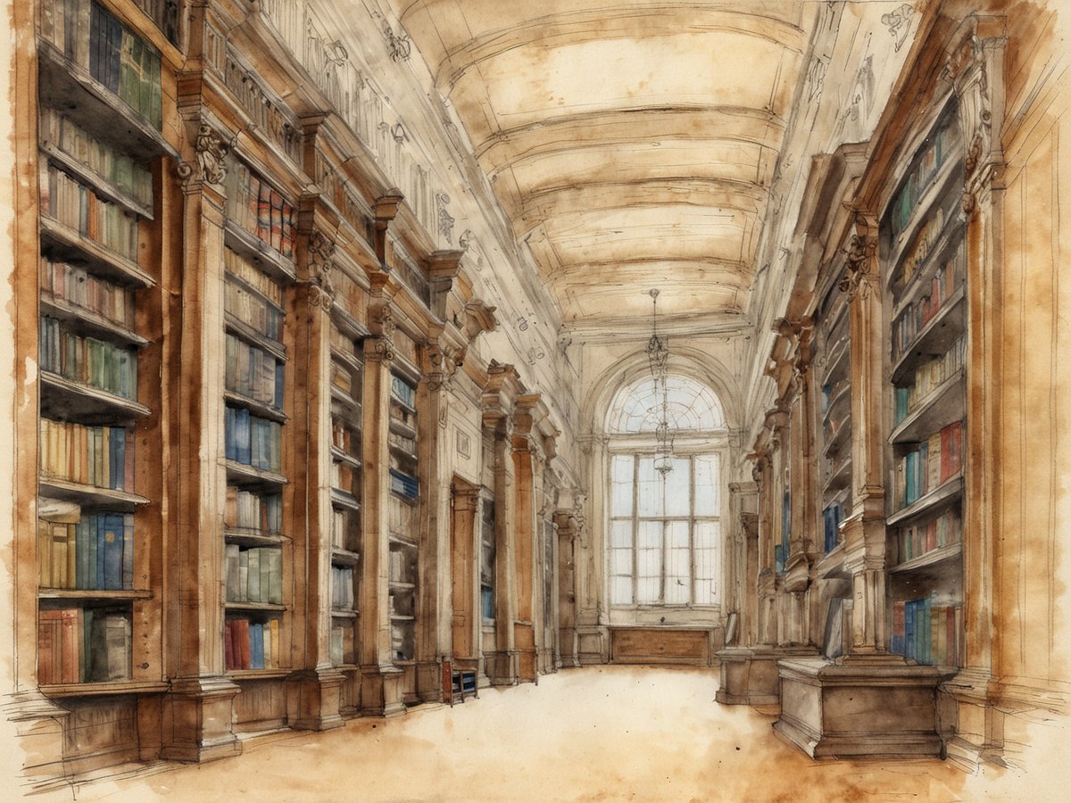 Die Bilddarstellung zeigt die beeindruckende Innenansicht der Anna Amalia Bibliothek in Weimar. Hoch oben erstreckt sich ein kunstvoll gestaltetes Gewölbe, während die Wände von majestätischen Bücherregalen gesäumt sind, die mit zahlreichen, bunt gebundenen Büchern gefüllt sind. An der rechten Seite befindet sich ein offenes Fenster, das Licht in den Raum strömen lässt und eine warmherzige Atmosphäre schafft. Der Boden ist hell gehalten und die eleganten Details der Regale und Säulen verleihen der Bibliothek einen Hauch von historischer Pracht. Ein einzelner Stuhl steht in der Nähe, der zum Verweilen einlädt.