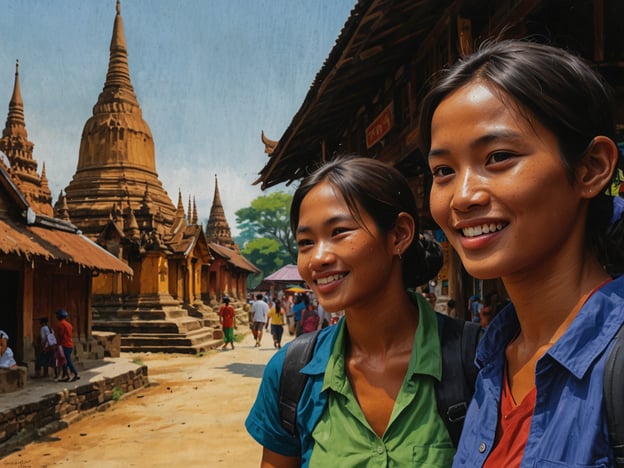 Auf dem Bild sieht man zwei junge Frauen, die in einer historischen Umgebung mit Tempeln und Stupas stehen. Es scheint ein lebhaftes Reiseziel zu sein, das wahrscheinlich kulturelle und historische Sehenswürdigkeiten bietet. 

Wenn du eine Reise dorthin planst, könntest du überlegen, Führungen zu den Tempeln zu buchen, um mehr über die Geschichte und Architektur zu erfahren. Außerdem wäre es empfehlenswert, die lokale Küche zu probieren und eventuell einen Markt zu besuchen, um die Kultur hautnah zu erleben. Die beiden Frauen scheinen die Umgebung zu genießen, was ein gutes Zeichen dafür ist, dass es viele interessante Dinge zu entdecken gibt!